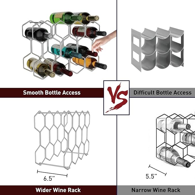 Buruis Countertop Wine Rack, 14-Bottle Modern Freestanding Metal Holder for Red and White Wine, Tabletop, Kitchen, Bar, and Cabinet Storage (Chrome)