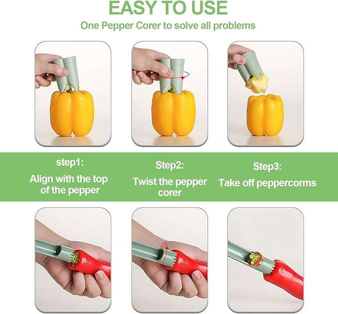 Pepper Corer,Chili Seed Remover Tool,Durable ABS Kitchen Gadget for Bell & Chili Peppers, 2-in-1 Design, Easy Twist Use, Ideal for Home Cooking, Camping(Green)