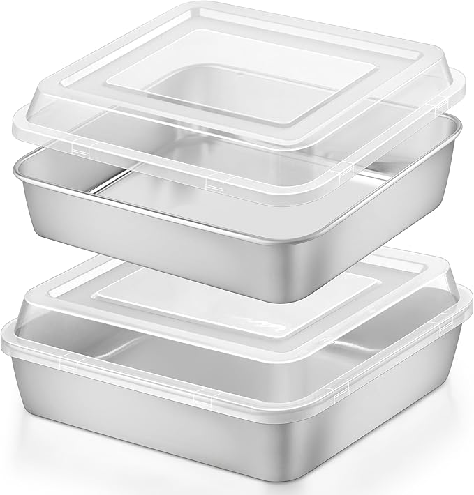 Herogo Baking Pan with Lid, 9''x 9'' Stainless Steel Nonstick Square Deep Cake Pan, Rectangle Cakes Bakeware for Brownies Casseroles, Non Toxic & Dishwasher Safe, Set of 2
