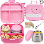 Bento Lunch Box with Thermo, 4-Compartment Bento Box with Adjustable Dividers, Leakproof Dinosaur Lunch Box with 14.2OZ Insulated Food Jar & Sauce Jar, for School Office Travel(Pink)