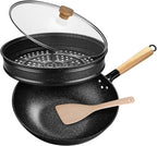 Non-Stick Wok with Steamer Basket,12 Inches Stir Fry Pans with Lid, Flat Bottom Pan Multifunctional Cookware Chinese Woks for Induction, Gas, Halogen