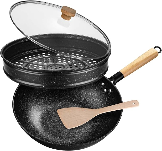 Non-Stick Wok with Steamer Basket,12 Inches Stir Fry Pans with Lid, Flat Bottom Pan Multifunctional Cookware Chinese Woks for Induction, Gas, Halogen