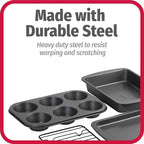 GoodCook 4-Piece Nonstick Steel Toaster Oven Set with Sheet Pan, Rack, Cake Pan, and Muffin Pan, Gray, 4-Piece Set Distributes Heat Evenly, Nonstick Coating, Dishwasher-Safe