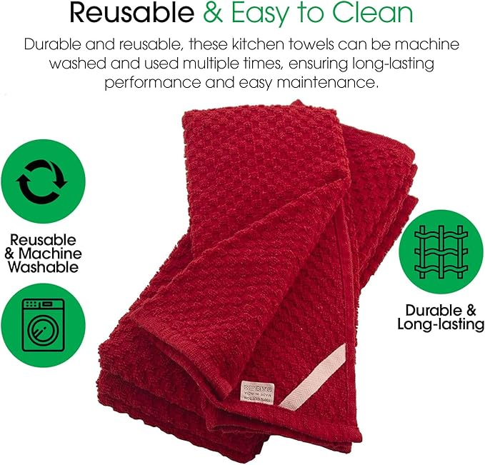 DG Collections Terry Dish Towels, 100% Cotton Kitchen Towels, Set of 8 (15x25 inch) Hand Towels - 400 GSM, Absorbent Terry Cloth Dish Towels for Kitchen, Soft Tea Towels - Red Color