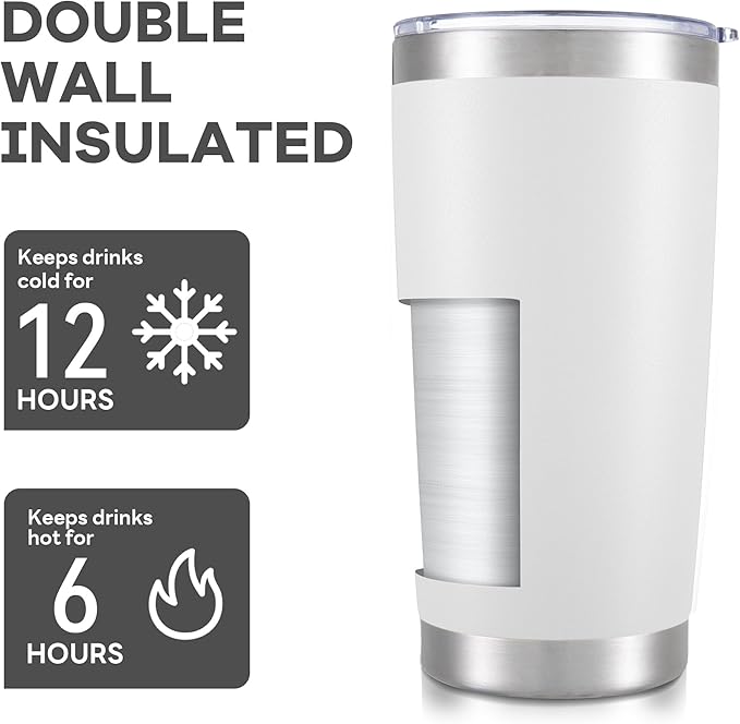 20 oz Tumbler with Lid Stainless Steel Double Wall Vacuum Insulated Tumblers Powder Coated Cups Travel Mug Keep Drinks Cold and Hot, White