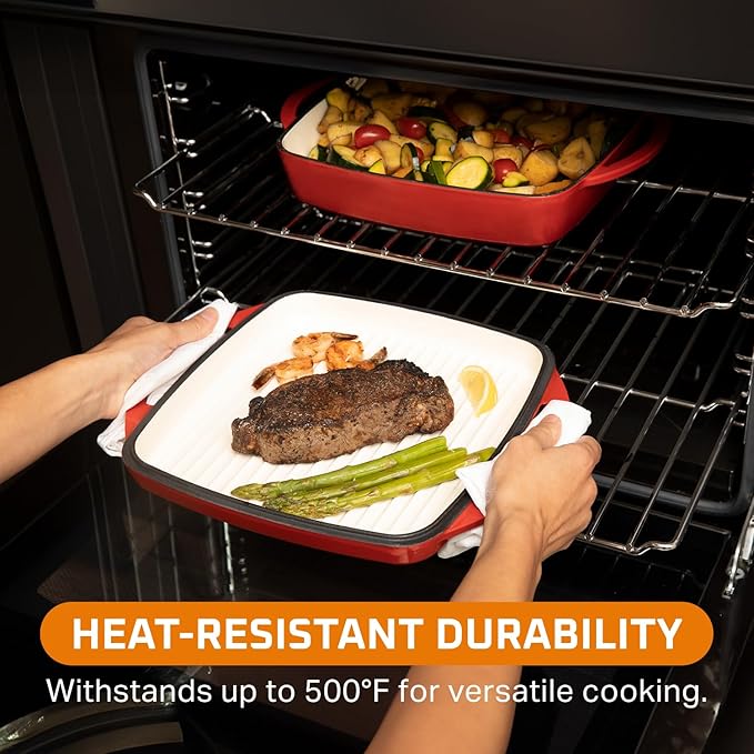 Bruntmor 2-in-1 Square Enameled Cast Iron Dutch Oven Baking Pan and Gridle Lid with Dual Handles, Cast Iron Skillet lid, Coating Gridle for Baking, Bacon,Steaks - Red