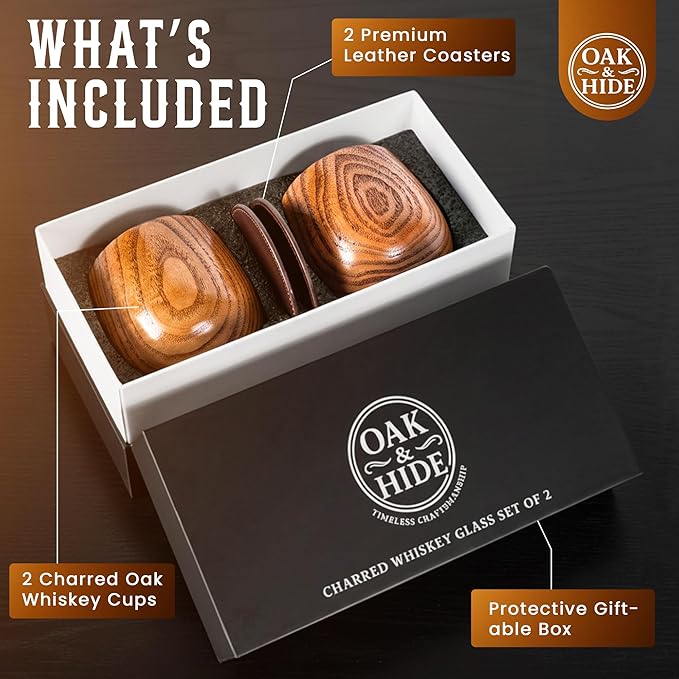 Oak & Hide Charred Oak Whiskey Glasses Wooden Set of 2 with 2 Premium Leather Coasters – Perfect Birthday, Anniversary, Bachelor, or Father’s Day Gift for Men