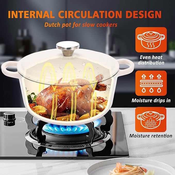 Enameled Cast Iron Cookware Set, 5-Piece Ceramic Coated Pots & Pans with Dutch Oven and Lid, PFAS/PTFE/PFOA-Free, Induction Gas Oven Safe, Cream White Cookware Set