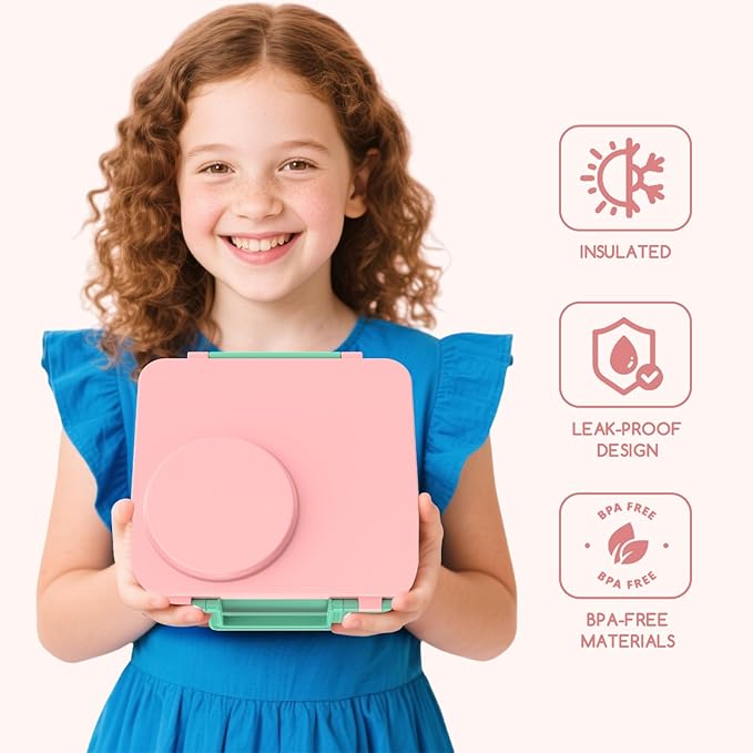 Bento Box for Kids - Leak-Proof Lunch Box with Insulated Thermos Food Jar - 4 Compartments, 1 Removable Divider, 1Spoon, 1 Fork - Dishwasher Safe, BPA-Free (Light pink)