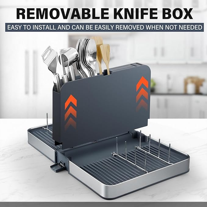 Foldable Dish Drainer Rack with Removable Cutlery Holder Stainless-Steel Dish Drying Rack with Dual Parts, Space-Saving Dish Rack, Rustproof Utensil Drainer for Kitchen Counter, Gray/Steel