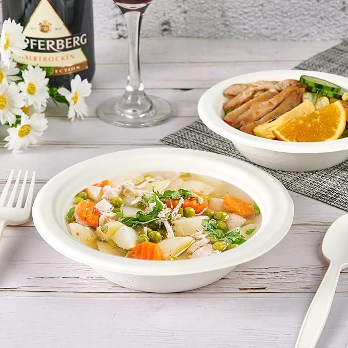 ECOLipak 150 Pack Compostable Disposable Paper Bowls, 16 OZ Heavy duty Biodegradable Eco Friendly Sugarcane Bagasse Bowls Great for Soup, Salad, Milk Cereals