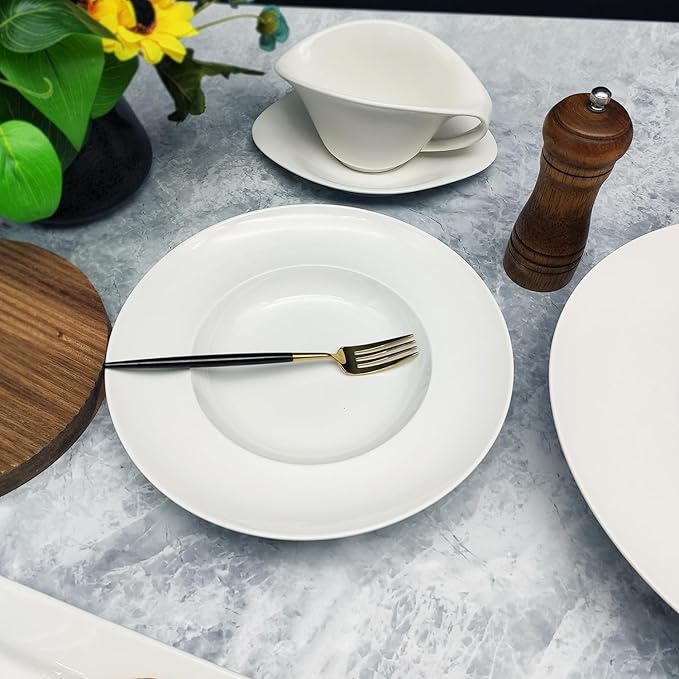 Pasta Plates with Rim 12 oz, Soup Bowl Pasta Bowl Set of 4, White Shallow Bowl Plate, Ceramic Wide Rimmed Soup Bowl, Best choice for high-end restaurants, hotels, and foodies, 11 Inch