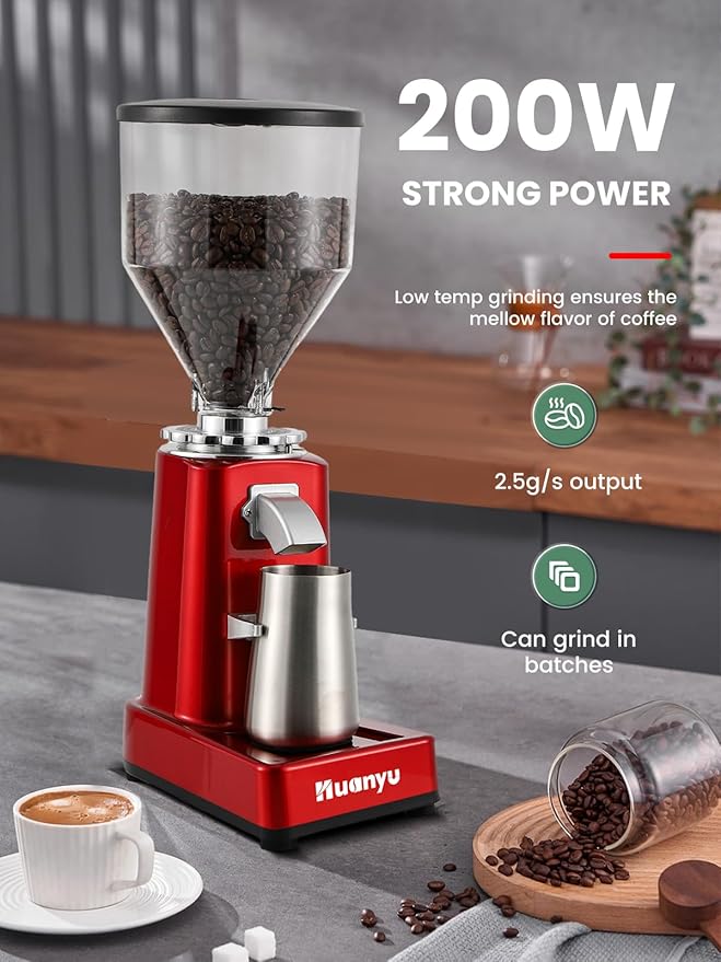 Huanyu Burr Coffee Grinder- Stainless Steel Flat Burr, 19 Precise Grind Settings, 35oz Capacity and Dual Dosing for Espresso, Hand Punch, French Press Red