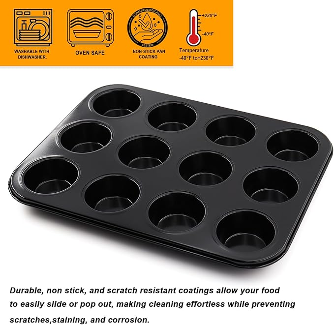 2 Packs Nonstick Round Muffin Baking Pan, Premium Steel Muffin Pan for Baking, Nonstick Cupcake Tin Cheesecake Pans, Bakeware Muffin Top Pan (12 Cups, Black)