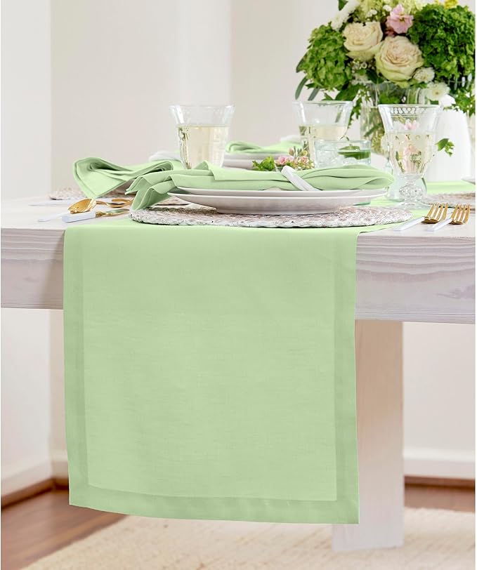 Solino Home Linen Pastel Green Table Runner 48 Inches - 100% Pure Linen Farmhouse Short Table Runner 14 x 48 Inch Ideal for Dresser and Coffee Tables - Summer - Fete