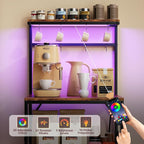 Kitchen Bakers Rack with Power Outlet & LED Lights, Small Coffee Bar Table with Adjustable Storage Shelf, 4 Tiers Microwave Stand with 8 Hooks, Coffee Station for Appliance Organizer, Rustic Brown