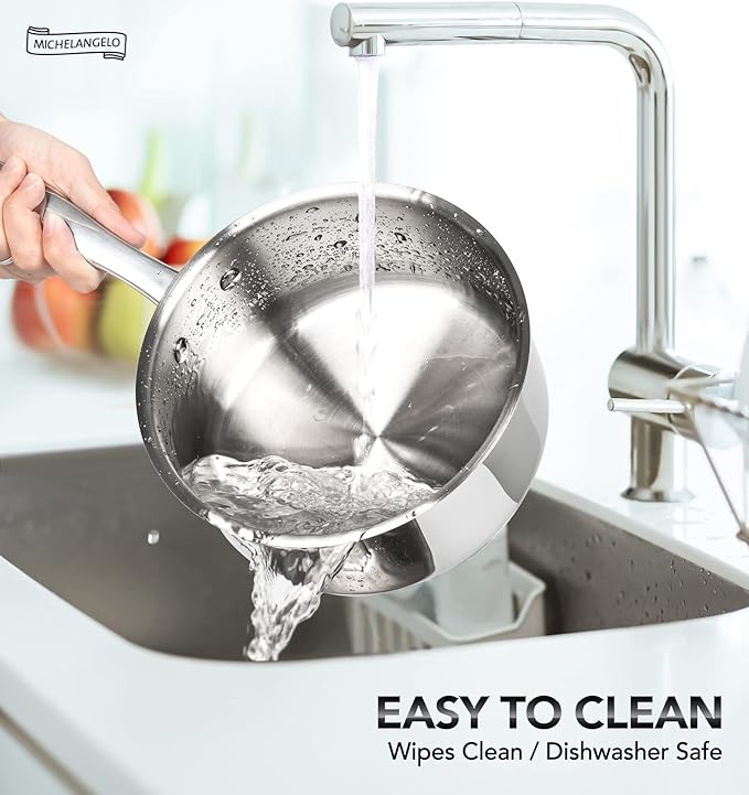 MICHELANGELO 3 Qt Saucepan with Lid, 3-ply Stainless Steel Sauce Pan, No Coating, Even Heating, for All Cooktops & Induction Compatible - Silver