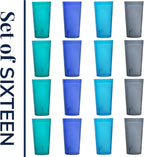 US Acrylic Cafe Plastic Reusable Tumblers (Set of 16) 20-ounce Water Cups Coastal Colors | Restaurant Style Drinking Glasses Value Set, Stackable, BPA-free, Made in the USA | Top-rack Dishwasher Safe