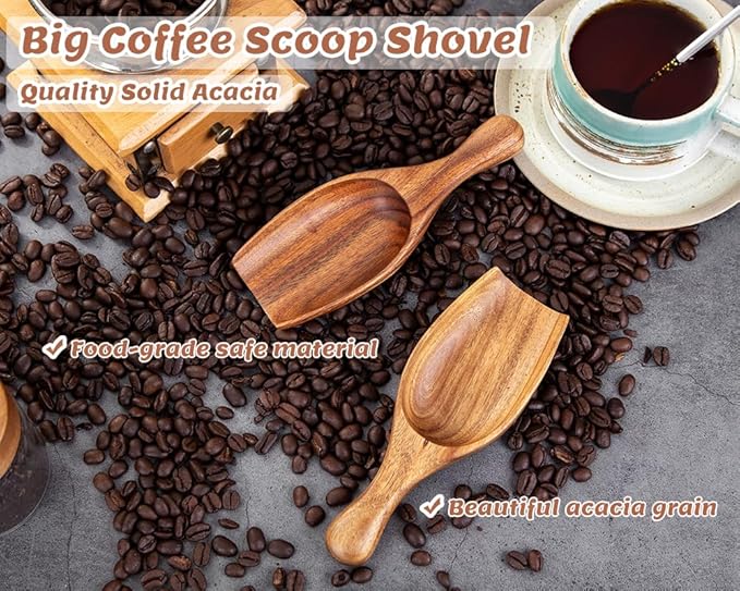 Acacia Coffee Scoop, 4pcs Large Wood Scoops for Coffee Beans, Big Wooden Scoops Shovel for Big Jars Canisters Ground Coffee, Sugar, Salt
