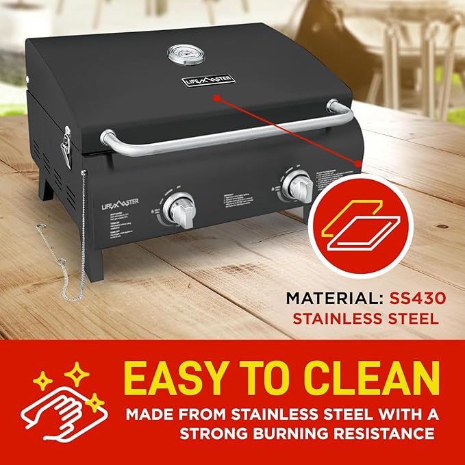Black Portable Gas Grill, Dual 10,000 BTU Burners, 275 Sq.In Cooking Space, Push-to-Start Ignition, Wind-Proof Lid with Built-in Thermometer, Perfect for Camping Tailgates & Backyard BBQ Cookouts