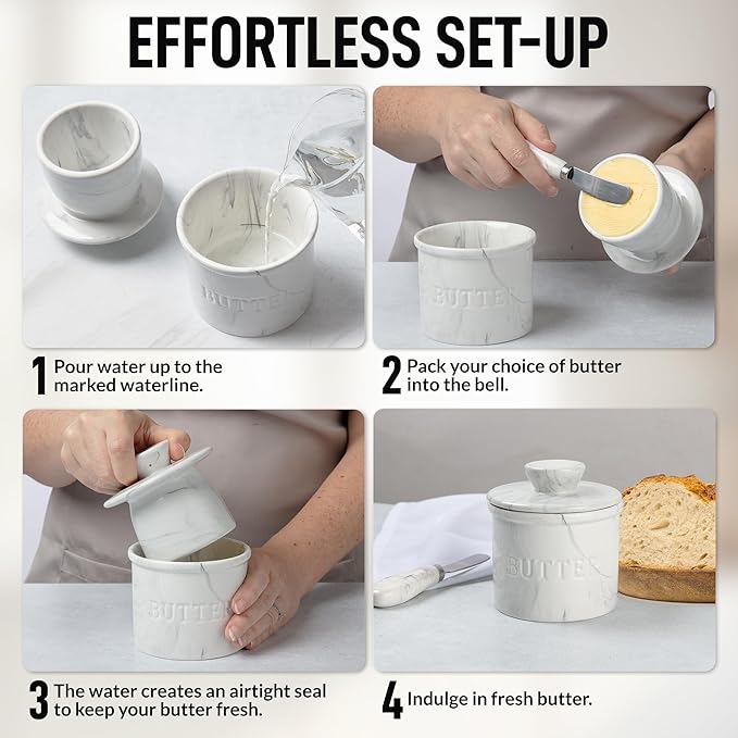 Zulay Kitchen Porcelain Butter Crock With Lid & Knife - Authentic French Butter Dish For Fresh & Spreadable Butter - Marble