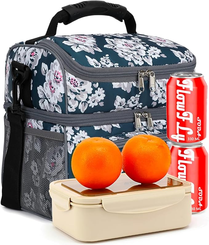 FlowFly Double Layer Cooler Insulated Lunch Bag Adult Lunch Box Large Tote Bag for Men, Women, With Adjustable Strap,Front Pocket and Dual Large Mesh Side Pockets