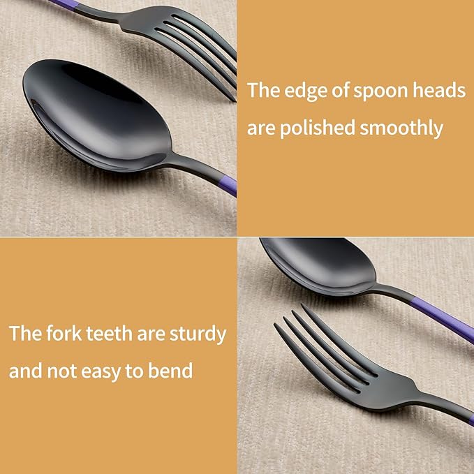 20-Piece Black and Purple Silverware Set 18/0 Stainless Steel Silverware Set Lake Blue Handle Cutlery Set Service for 4 Dinner Knives Forks Spoons Set Flatware Set Finish Dishwasher Safe