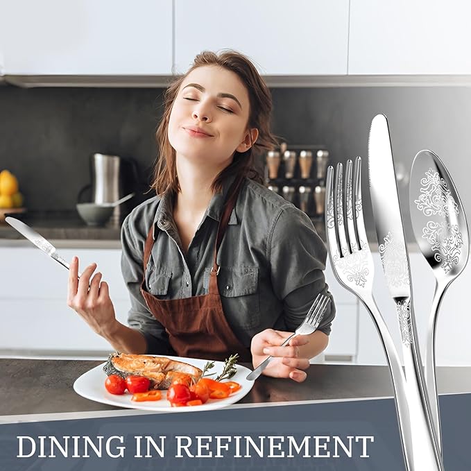30-Piece Stainless Steel Silverware Set, Elegant Floral Engraved Cutlery Flatware Set for 6, Durable Tableware Utensil Sets Silver Include Fork Spoon Knife with Mirror Polish