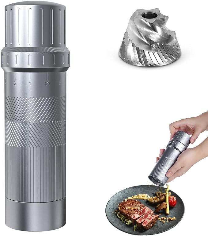 Luvan Professional Grade Pepper Grinder,External Adjustable Coarseness Manual Pepper Mill Grinder, Heavy Duty Aluminum Coarse Pepper Grinder Refillable,Spice Grinder with Stainless Steel Burrs (Gray)