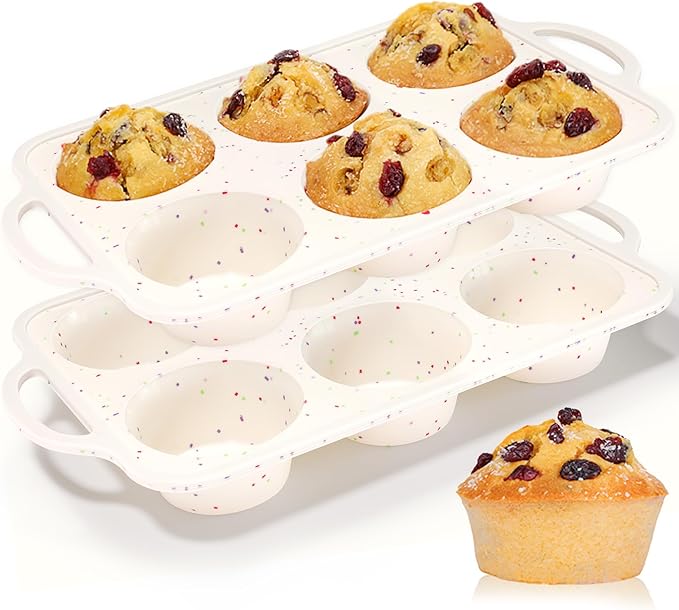Large Muffin Pan, Metal Reinforced Frame 3.5 Inch Jumbo Silicone Muffin Pan Nonstick 6 Cups for Baking Jumbo Muffin, Frittatas, Jumbo Cupcakes 2 Pack Confetti