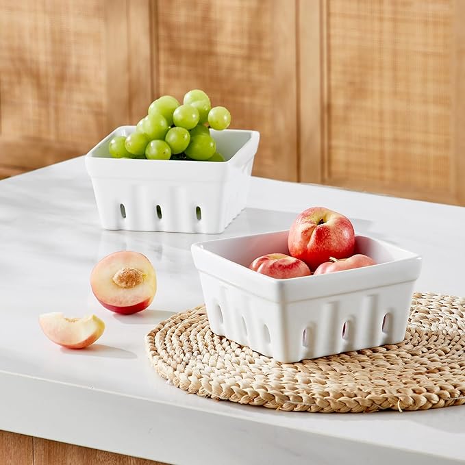 ONEMORE Berry Basket Ceramic Berry Bowls with Holes Square Fruit Bowl Berry Colander Containers for Fridge - 5.8" Fruit Basket for Kitchen Décor, Set of 2, White