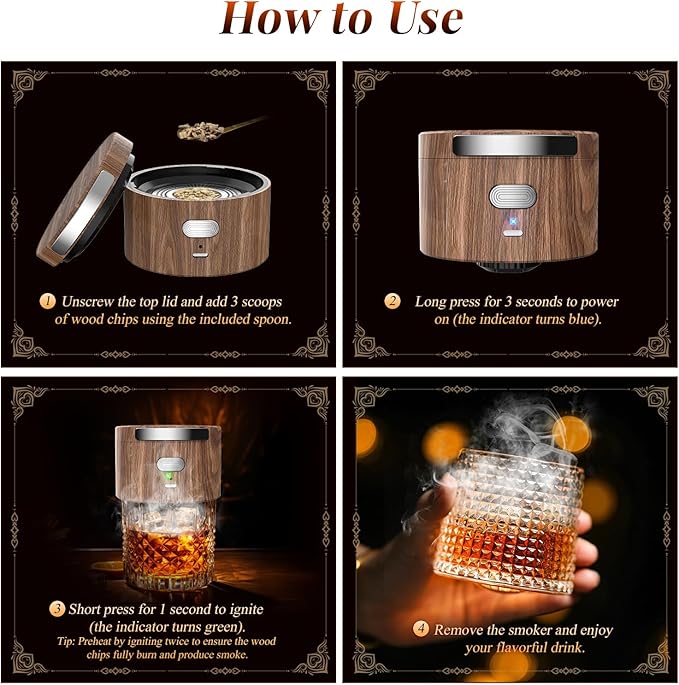 Electric Whiskey Smoker Kit Built-in Lighter, Rechargeable Cocktail Smoker Kit with 6 Wood Chips, No Butane Required, Fits Most Glasses,Ideal Christmas/Birthday Gifts for Men, Dad, Husband (Walnut, S)