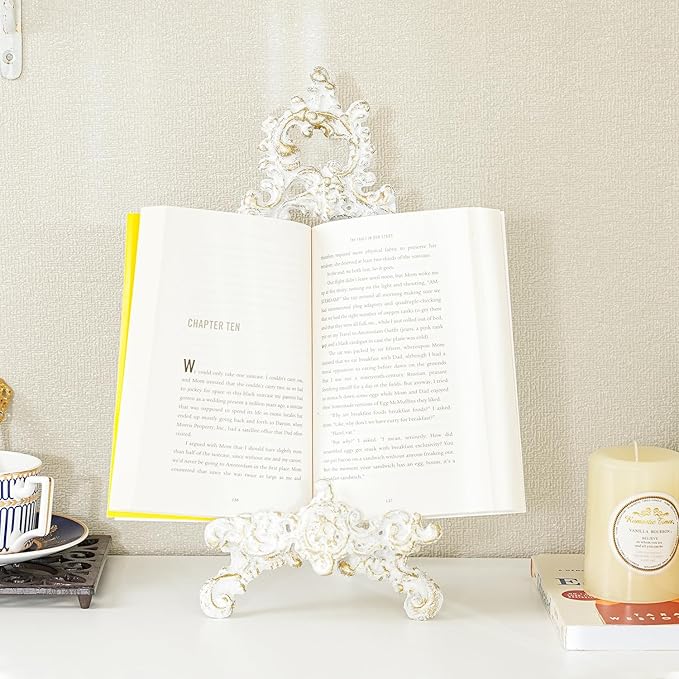 Sungmor Vintage Cast Iron Cookbook Stand, Small Ornate Easel Fleur De Lis Stand, 15.5" Tall Antique White Table Top Display Holder for Recipe Book, Picture Frame, Plate, Home Kitchen Decor