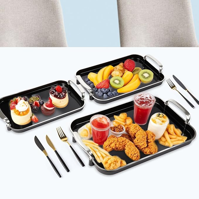 3 Pack Serving Tray with Handles, Stackable Reusable Trays for Serving Food, Plastic Serving Platters for Party, Charcuterie, Fruit, Appetizer, Black Silver
