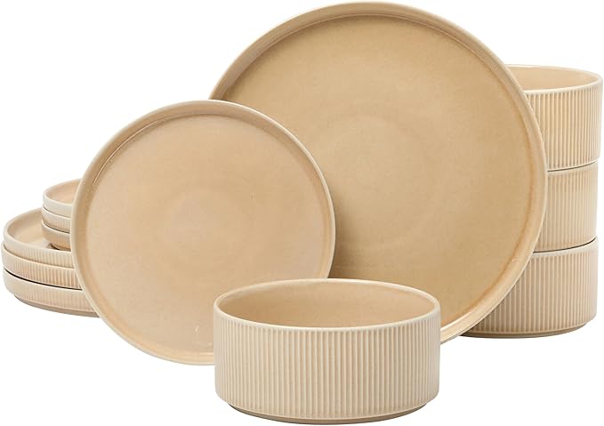 Gibson Elite Solana Coast 12 Piece Stoneware Reactive Glaze (Service for 4) Ceramic Plates and Bowls Modern Shape Embossed Dinnerware Set - Terracotta Orange