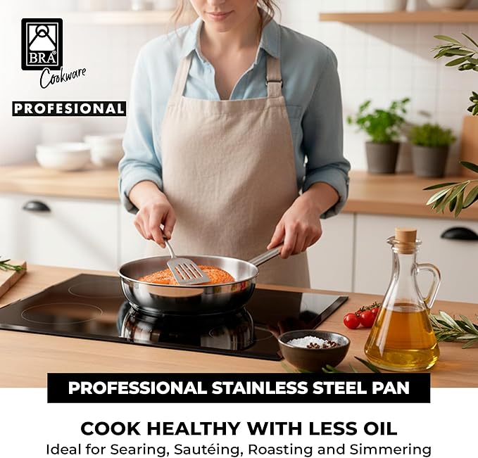 BRA COOKWARE Profesional 8-Piece Stainless Steel Cookware Set | Professional Pots & Pans Set | Kitchen Set w/ 2 Pots, 1 Sauté Pan, 2 Frying Pans, 3 Lids | All Heat Sources Compatible | PFOA Free
