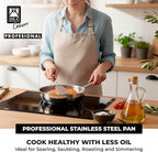 BRA COOKWARE Profesional Frying Pan | 9.5 inches Professional Skillet | Stainless Steel Pan w/o Non-Stick Coating | All Stovetop Compatible - Full Induction Skillet | 100% PFOA Free | Brushed Finish