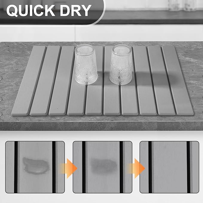 Large Stone Dish Drying Mat for Kitchen Counter – Foldable, Quick Dry, Ultra Absorbent Diatomaceous Earth Mat for Dishes, Bottles, Cups, Countertops & Bathroom, 24"×16" (Gray)