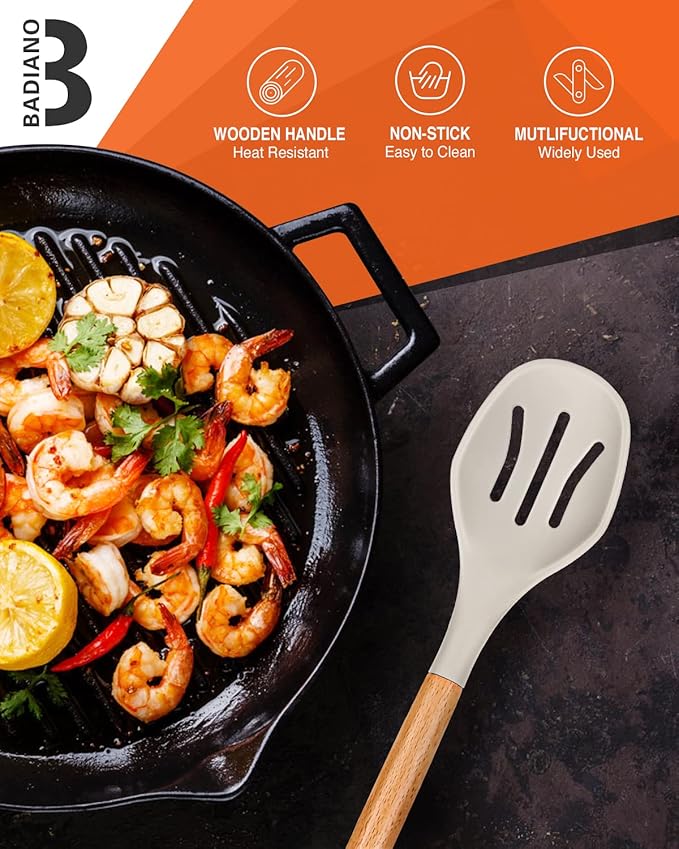 Large Silicone Cooking Spoons, 2 Pack Nonstick Solid and Slotted Wooden handle Spoon Set, Heat Resistan Silicone Kitchen Spoons for Cooking, Serving, Basting, Mixing (Khaki)