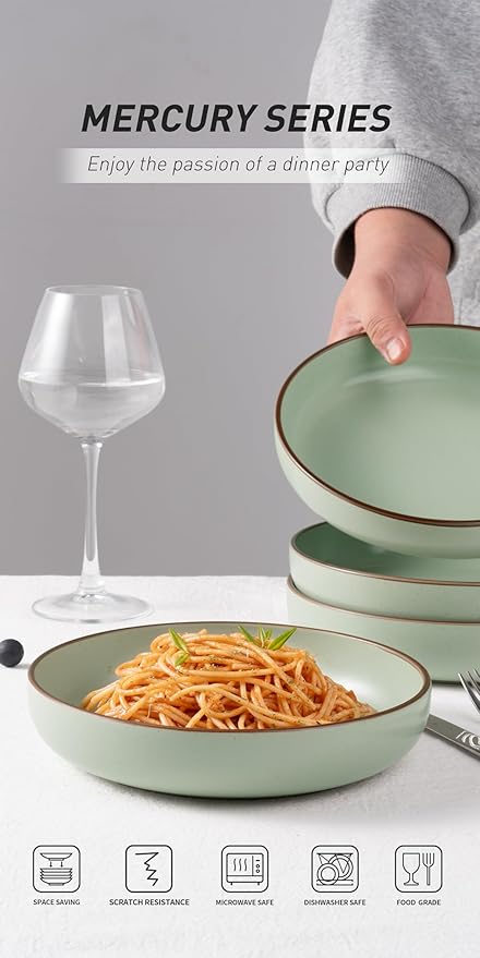 famiware Mercury Pasta Bowls Set of 4, 33 oz Large Salad Bowls, Stoneware Pasta Plates Bowls, Serving Bowls for Kitchen, Microwave & Dishwasher Safe, Light Green