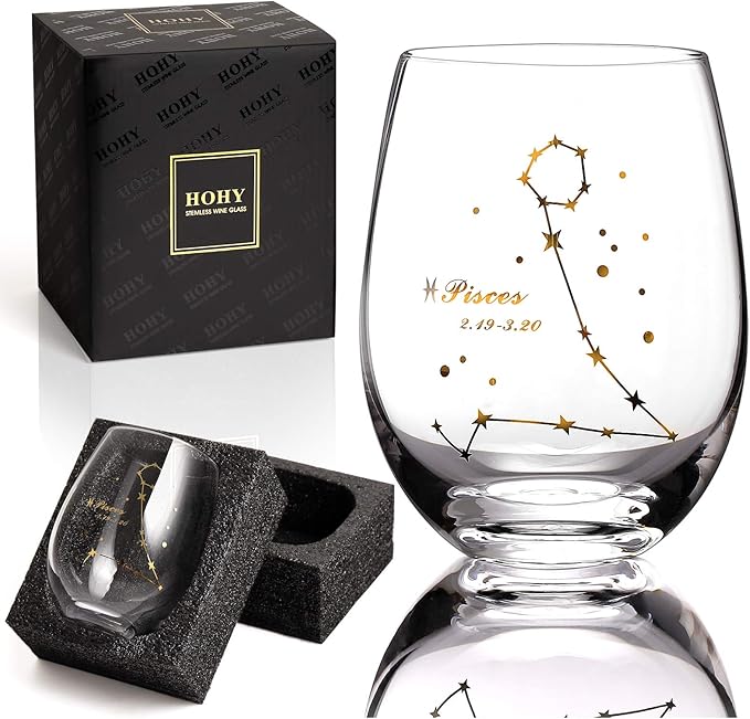 HOHY Pisces Stemless Wine Glass 20 Oz, Zodiac Pisces Mug, Golden, Constellation Tumbler, Astrology Gifts for Women Men