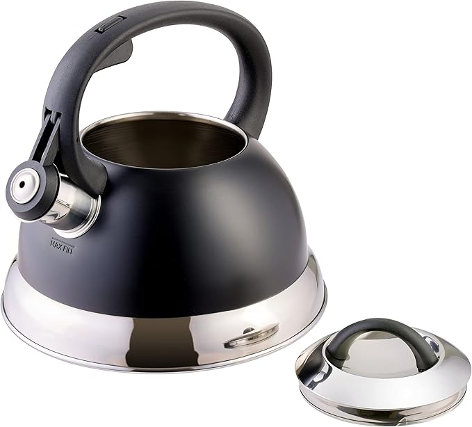 Mr. Coffee Flintshire 1.75-Quart Stainless Steel Whistling Tea Kettle with Nylon Handle – Matte Black Stove-Top Kettle for Boiling Water