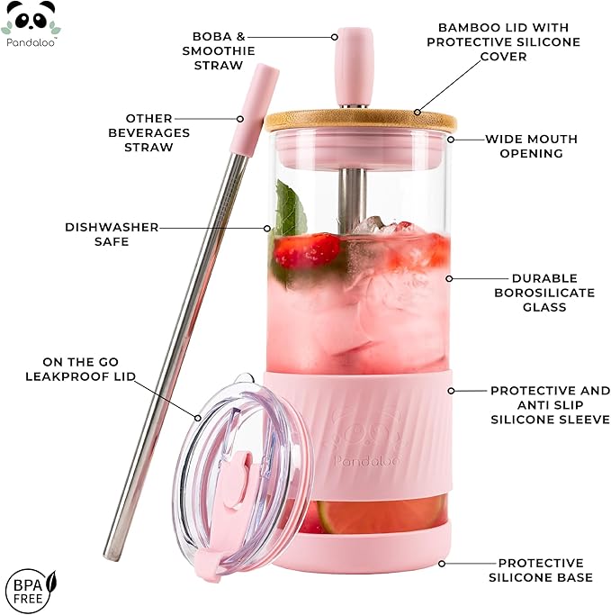 Pandaloo® Glass Cups With Lids and Straws -20 Fl Oz- Perfect Size Iced Coffee Cup - Smoothie Cup With Bamboo Lid and On the go Lid - Glass Tumbler With Straw (1 Count (Pack of 1), Tender Pink)
