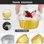 EUSOAR Gold Cupcake Liners and Sporks Disposable, 60pcs 5oz Disposable Aluminum Creme Brulee Muffin Ramekins with Lids，Foil Baking Cups with Lids for Picnic Wedding Birthday Party Family Gathering