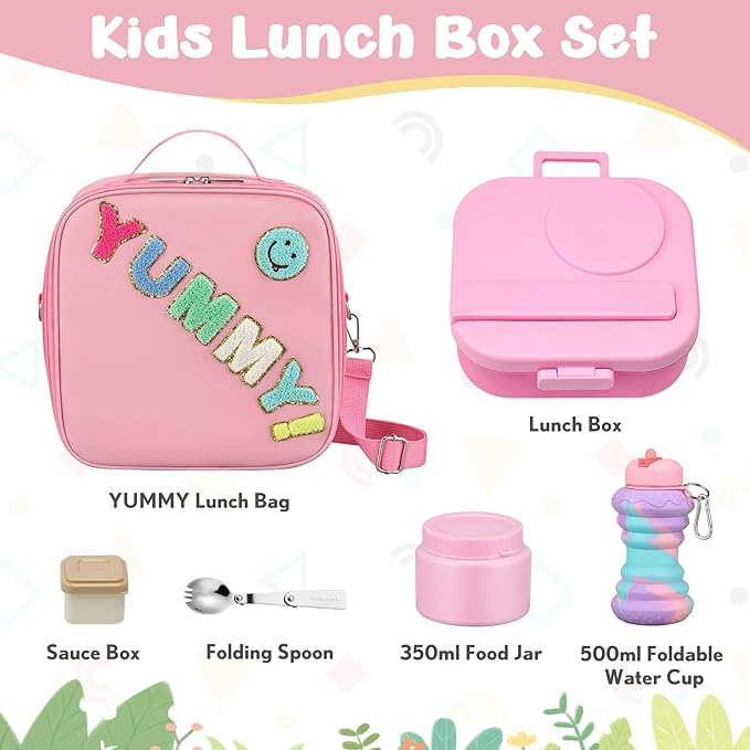 Kids Bento Lunch Box with 12oz Soup Thermo, Kids Leakproof Lunch Food Container with 4 Compartments, Insulated Lunch Bag & Water Cup for Girls Boys to School Travel