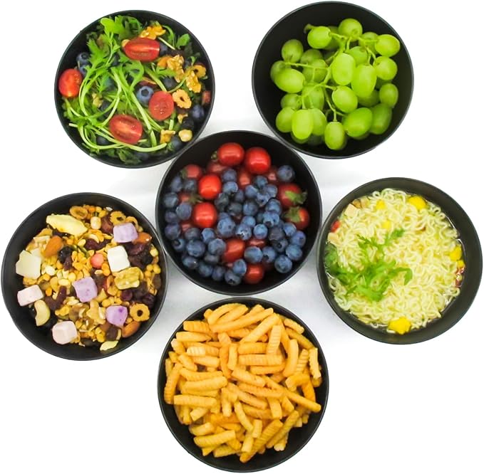 Bamboo Fiber Cereal Bowls Set 6 Pieces, 24 Ounce Soup Bowls Black, Melamine Bowls Set Large for Kitchen, Deep Serving Bowls for Cereal, Soup, Oatmeal, Rice, Pasta, Salad, Black