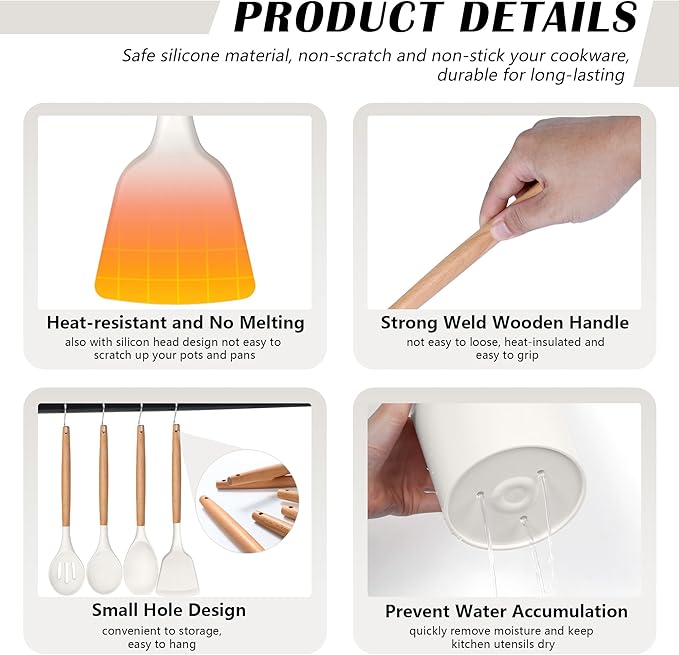 HaWare Kitchen Cooking Utensils Set, 23-Piece Silicone Kitchen Utensils Spatula Set with Holder, Heat Resistant Wooden Handle Kitchen Gadget for Nonstick Cookware, Food-grade Turner Spoon Sets (White)