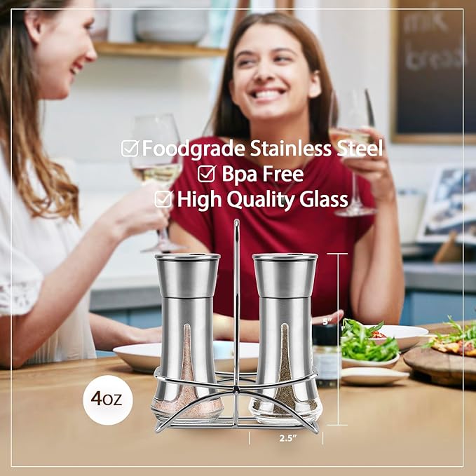 Aelga Salt and Pepper Shakers with Holder, Salt Shaker for the Kitchen with Adjustable Pour Holes for Himalayan, Kosher, and Sea Salts