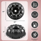 Bundt Cake Pan, 10-Inch Nonstick Round Fluted Tube Cake Baking Pan, Buntz Pound Cake Mold,Tube Bakeware,Baking Mold for Jello/Gelatin/Chocoflan/Flan, Non Toxic, Easy Clean - Black