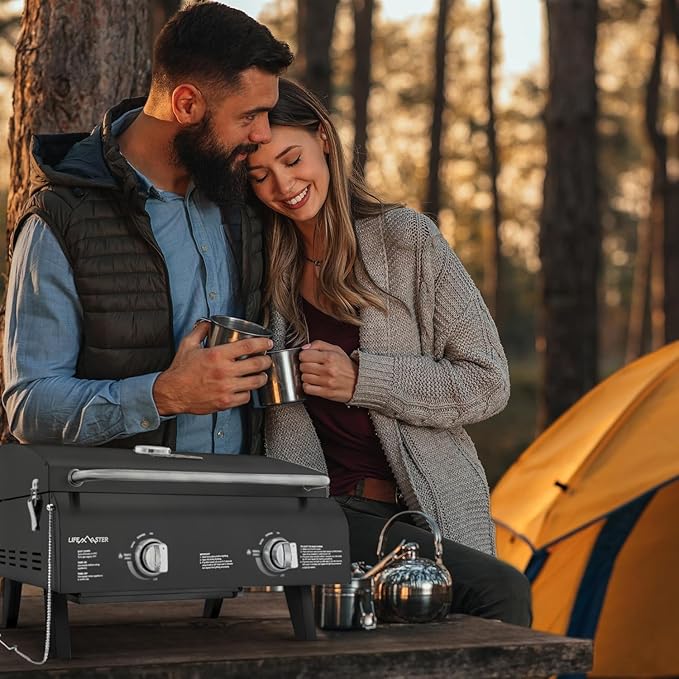 Black Portable Gas Grill, Dual 10,000 BTU Burners, 275 Sq.In Cooking Space, Push-to-Start Ignition, Wind-Proof Lid with Built-in Thermometer, Perfect for Camping Tailgates & Backyard BBQ Cookouts